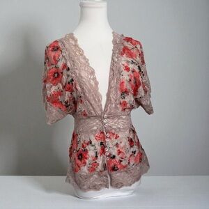 Vintage Charlotte Russe Lace Floral Top Sheer Mesh Rose Print Button Front S